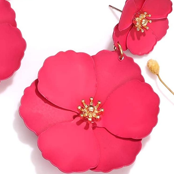 Dark Rose Pink Double Flower Earrings 2.5" Big Floral Statement Jewelry Flowers - Picture 7 of 8
